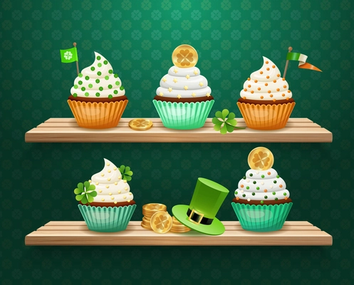 Saint patricks day composition with sweets decorated golden coins, clover, flags on wooden shelves vector illustration