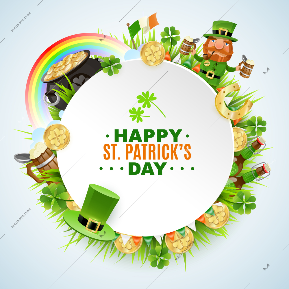 Saint patricks day round frame with greeting, golden coins, leprechaun, beer, rainbow, clover and grass vector illustration