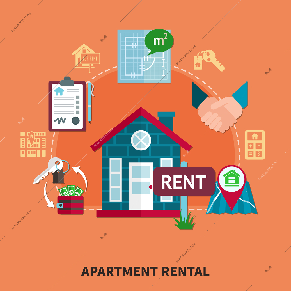 Real estate colored composition with apartment rental description orange background and isolated elements of architecture vector illustration