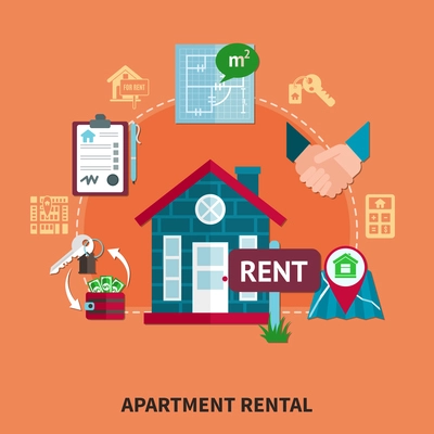 Real estate colored composition with apartment rental description orange background and isolated elements of architecture vector illustration