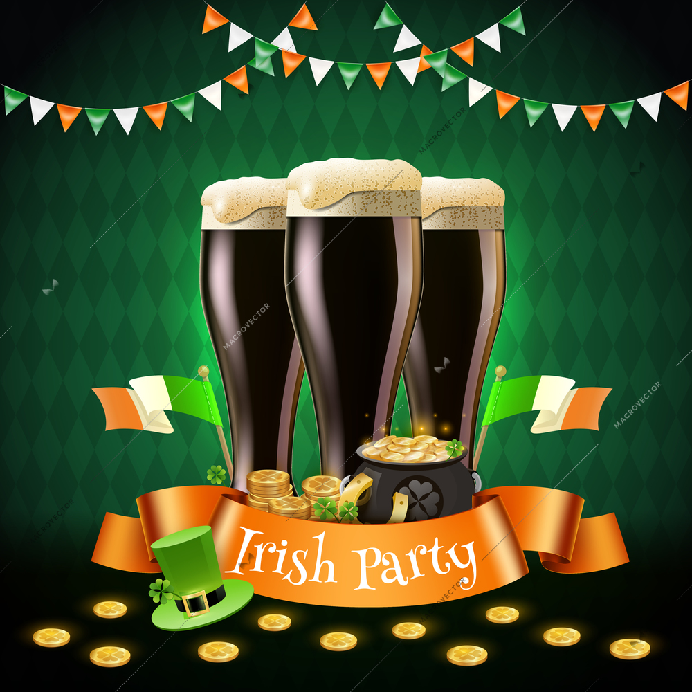 Saint patricks irish party composition with ribbon, beer, flags, hat of leprechaun, pot of gold vector illustration