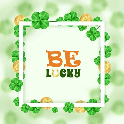 Saint patrick holiday white frame with greeting, golden coins, leaves of clover on blurred background vector illustration