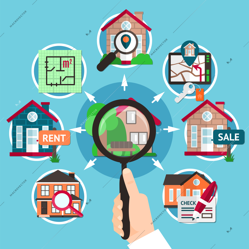 Real estate flat composition with magnifier in the hands of a man vector illustration