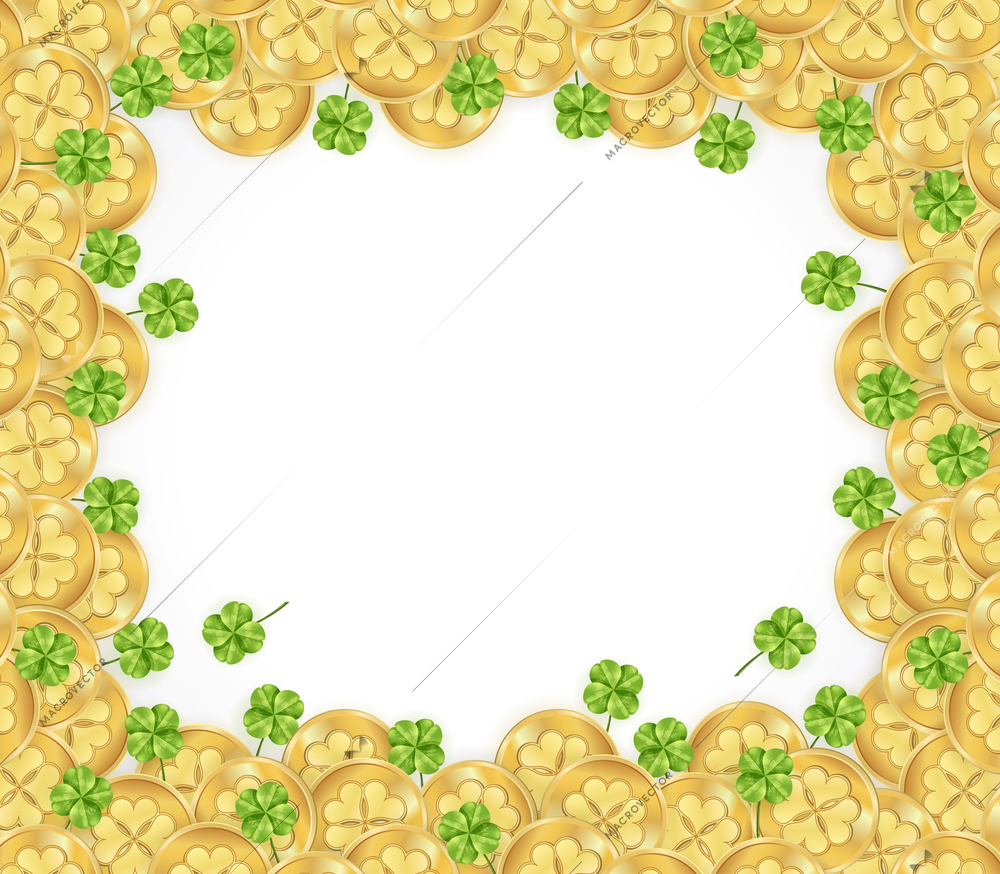 St patricks day frame with decorations from glossy golden coins and clover on white background vector illustration