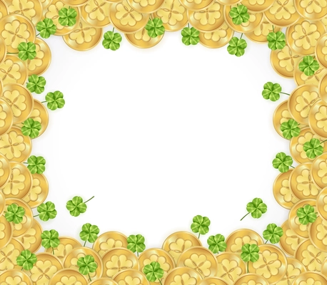 St patricks day frame with decorations from glossy golden coins and clover on white background vector illustration