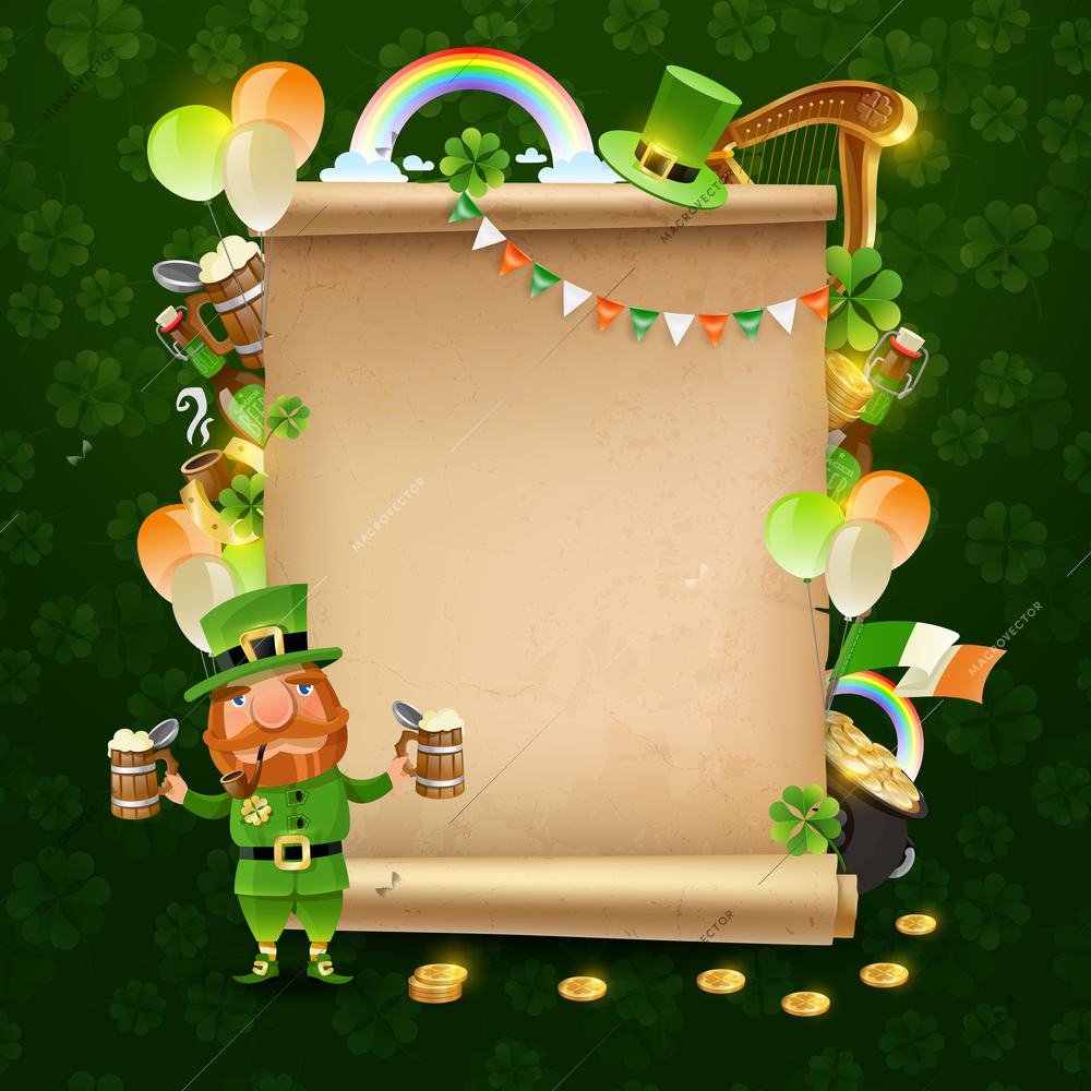 St patricks day scroll frame with leprechaun, beer, rainbow, harp, irish flag, pot of gold vector illustration