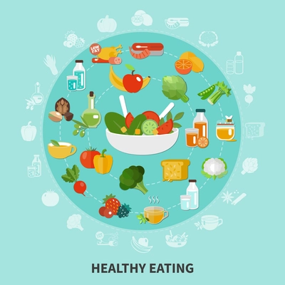 Healthy eating composition large circle composed of flat icon set of fruits and vegetables vector illustration