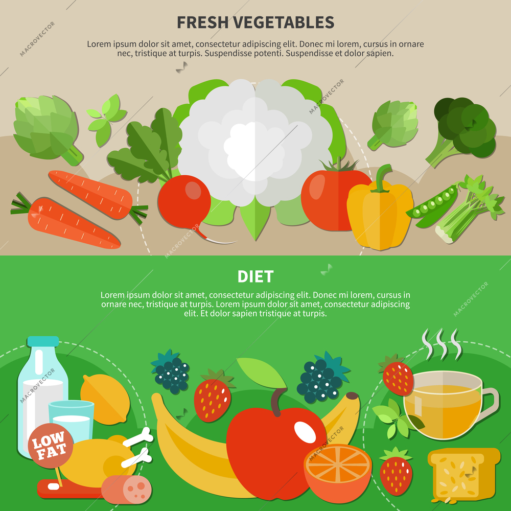 Two healthy eating flat composition set with diet and fresh vegetables descriptions vector illustration