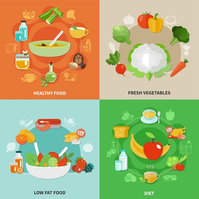 Four squares healthy eating concept with fresh vegetables low fat food and diet descriptions vector illustration