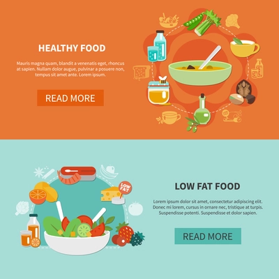 Two healthy eating banner set with law fat food headline and read more buttons vector illustration