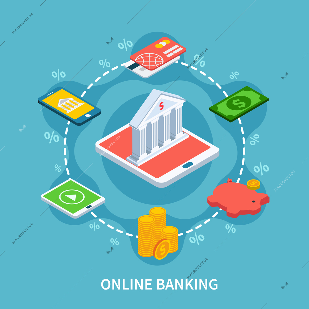 Accounting isometric composition with conceptual icons of bank building smartphone gadgets and silhouette signs of percentage vector illustration