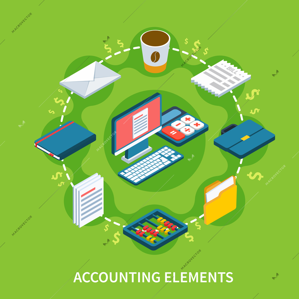 Accounting isometric composition with flat dollar signs and solid stuff icons representing different elements of workspace vector illustration