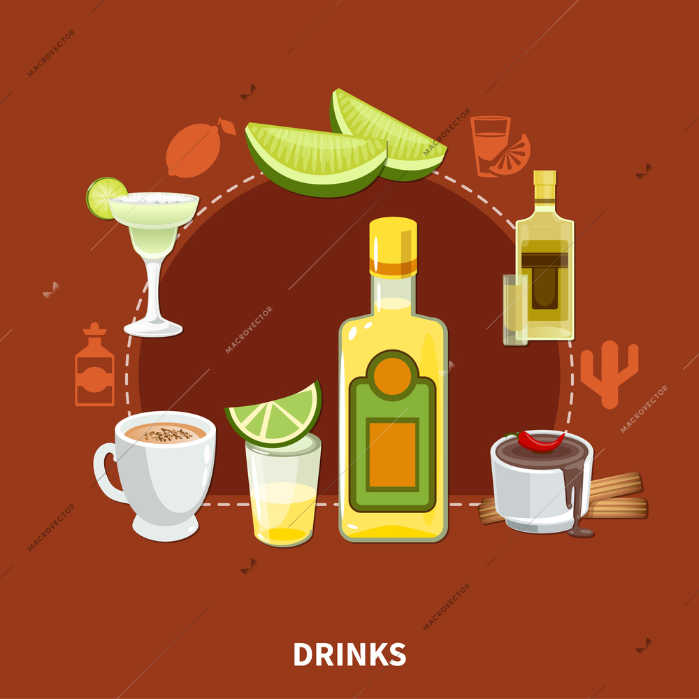 Mexican drinks composition on maroon background with tequila, cocktails, cocoa with chili pepper and cinnamon,  vector illustration