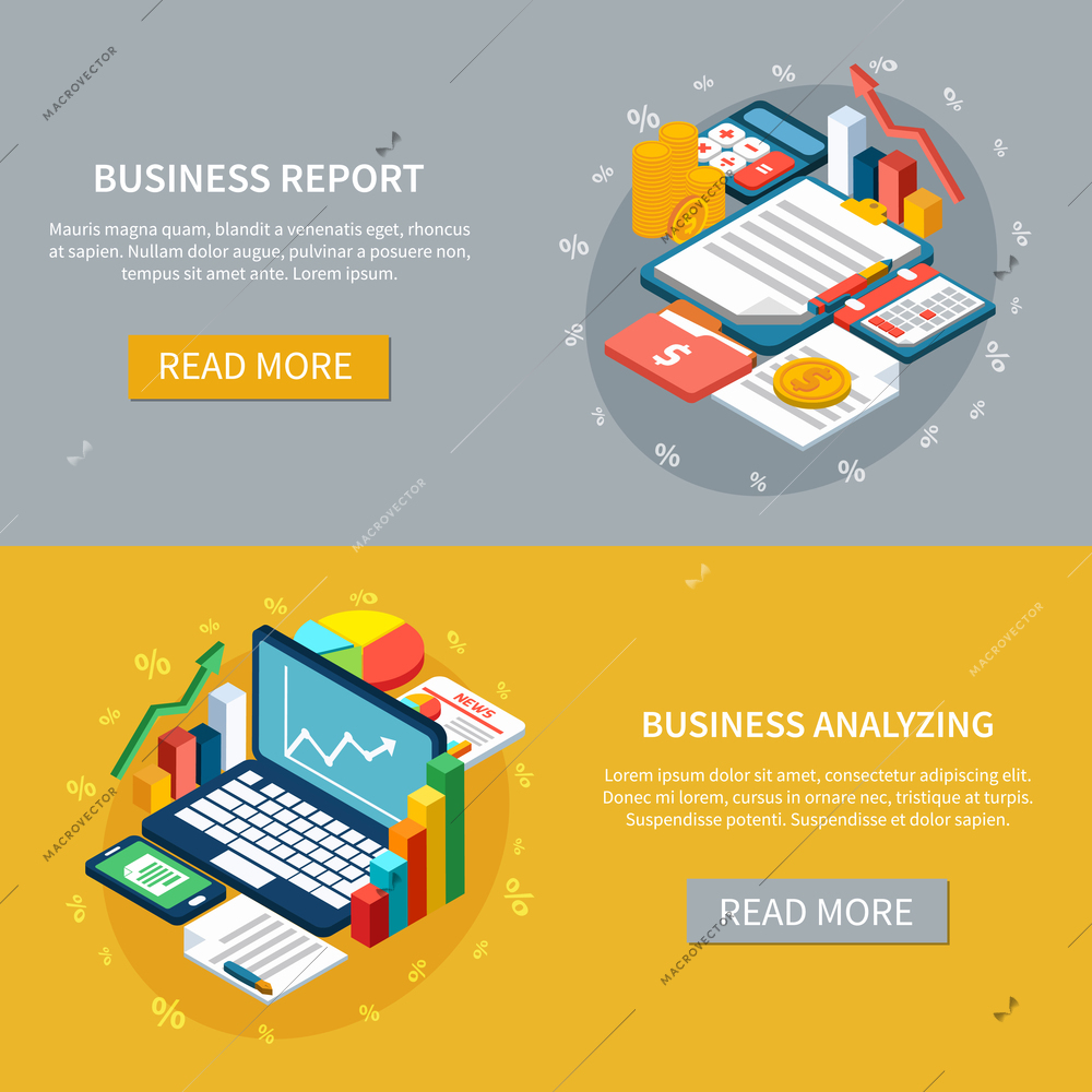 Accounting isometric horizontal banners collection with images of business organizer items laptop and financial graphs with text vector illustration