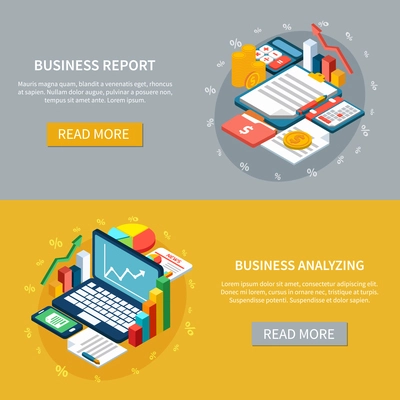 Accounting isometric horizontal banners collection with images of business organizer items laptop and financial graphs with text vector illustration