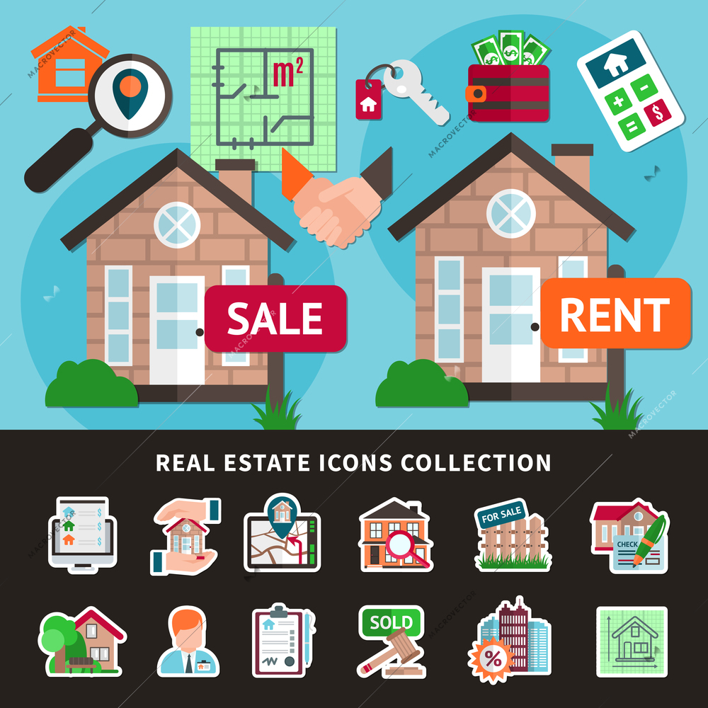 Real estate colored composition with isolated icon collection combined in flat flyer vector illustration