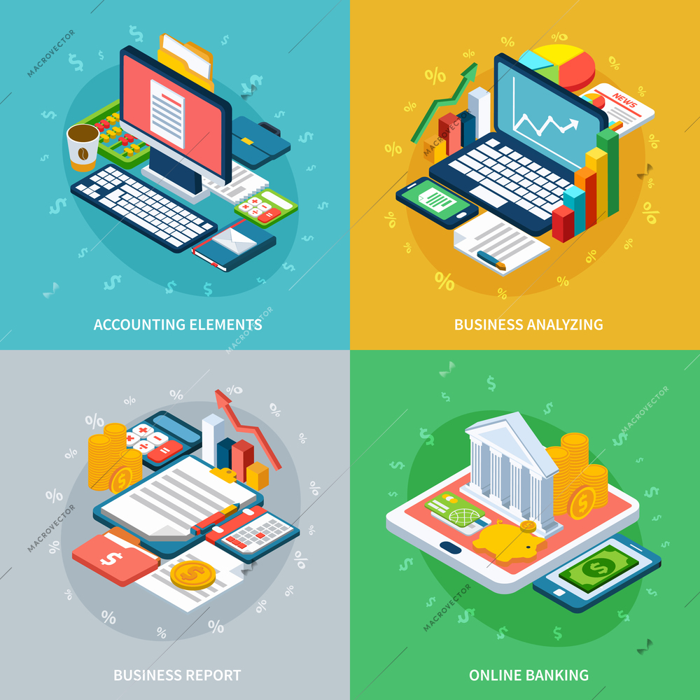 Accounting isometric design concept with conceptual compositions of electronic gadgets with money and various infographic objects vector illustration