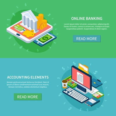 Accounting isometric set of two horizontal banners with text read more buttons and conceptual image compositions vector illustration