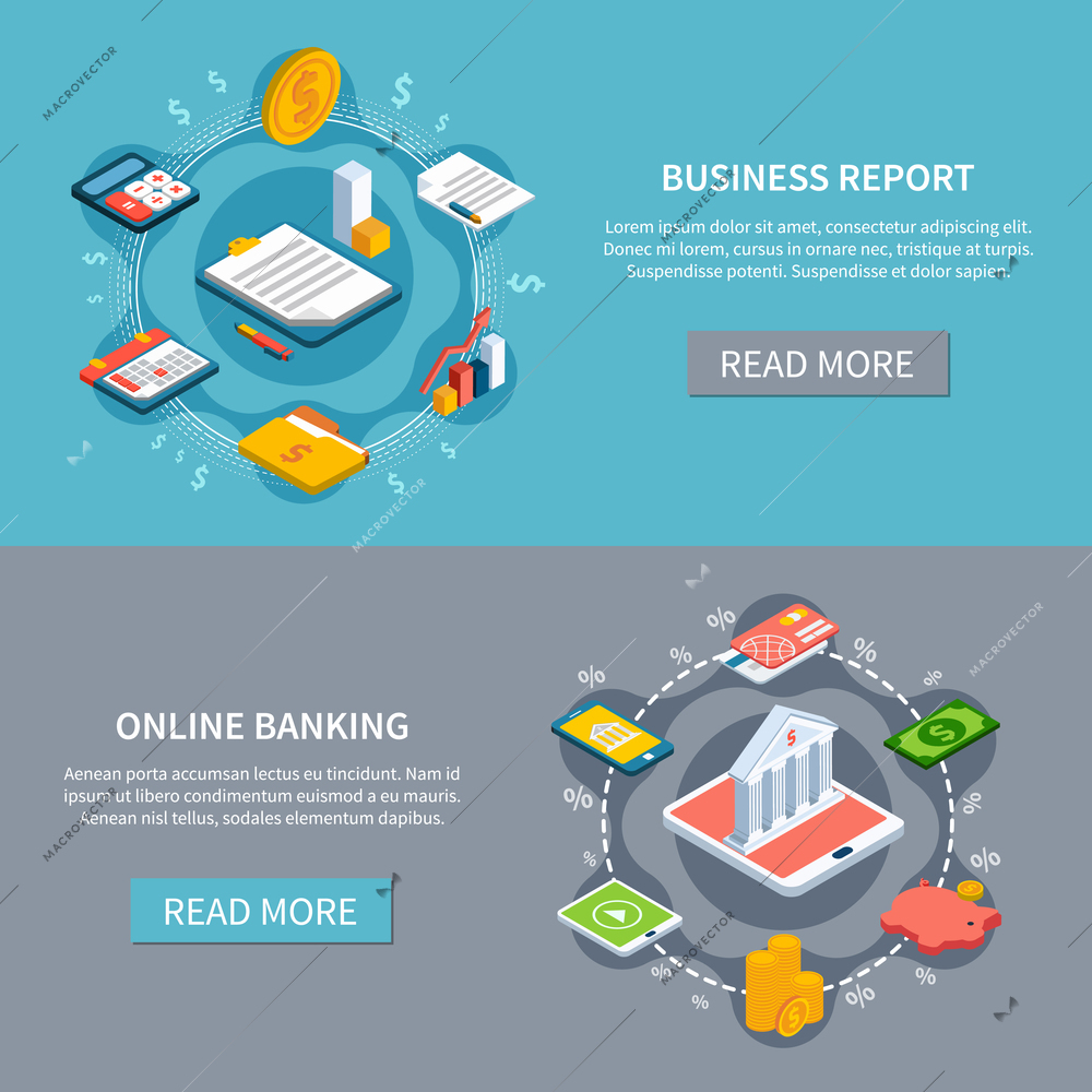 Set of two accounting isometric horizontal banners with read more button editable text and conceptual images vector illustration