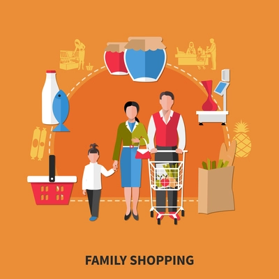 Family shopping composition on orange background with adults and kid, food products, equipment of supermarket vector illustration