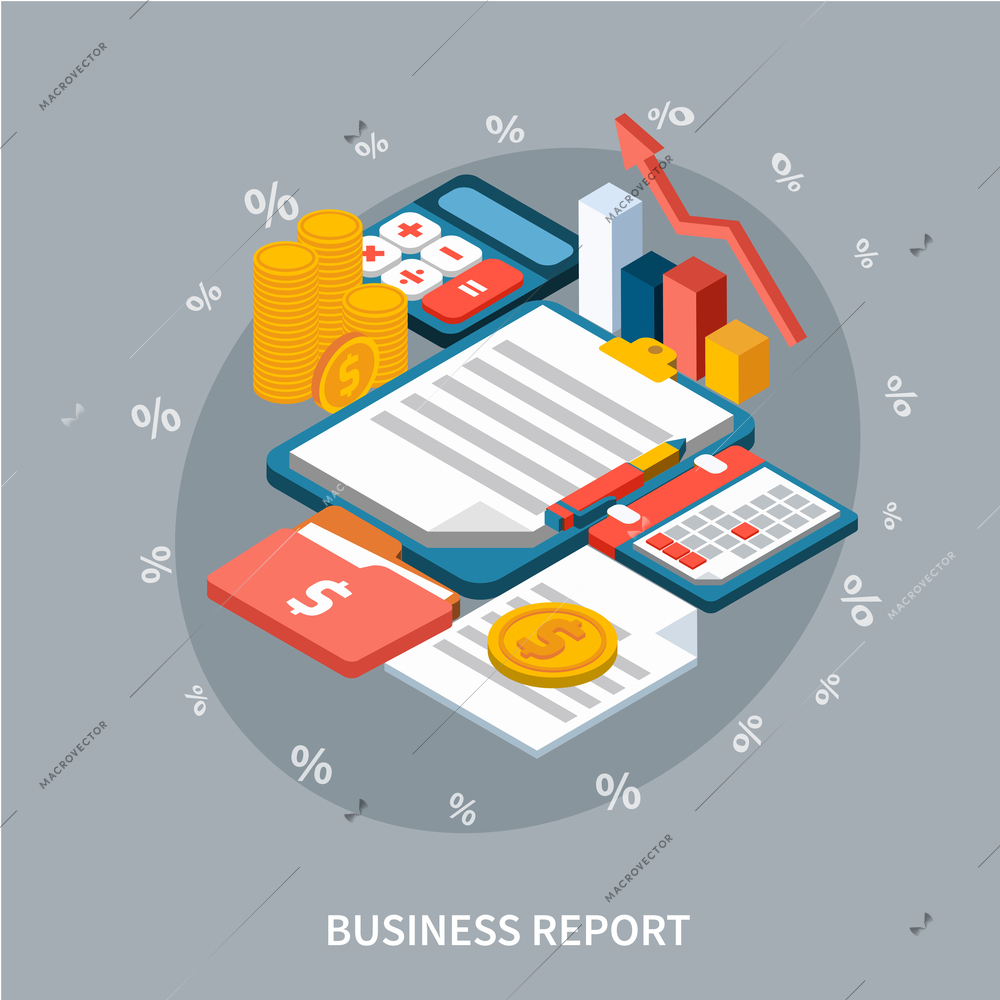 Accounting isometric background composition of money notepad folders and calculator images with cumbersome diagram of growth vector illustration