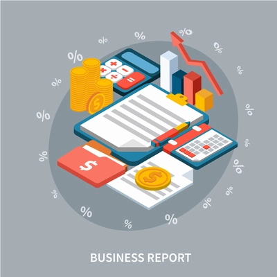 Accounting isometric background composition of money notepad folders and calculator images with cumbersome diagram of growth vector illustration