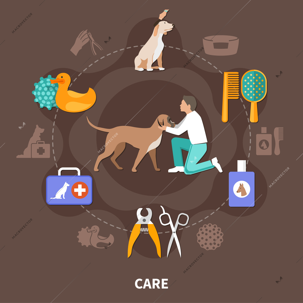 Dogs round composition of isolated medical equipment veterinary tools with toys and human character of vet vector illustration