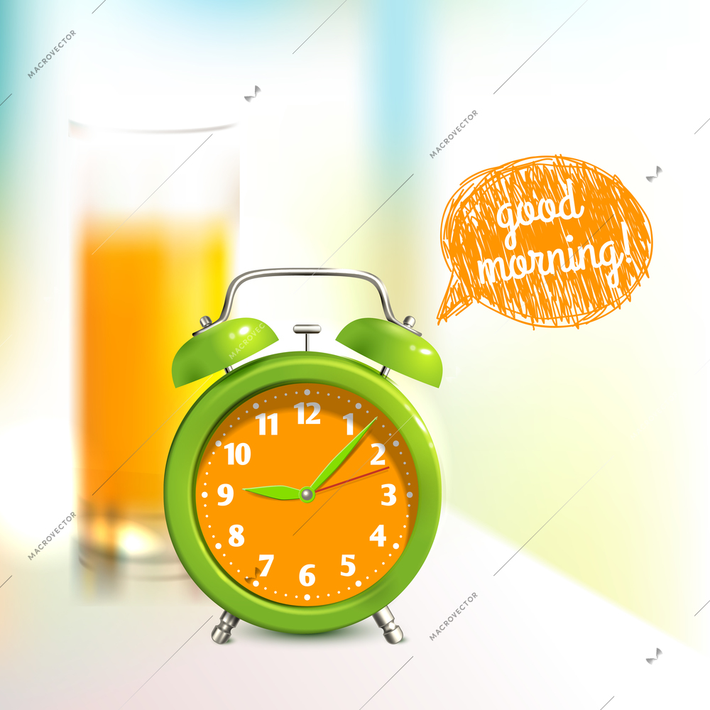 Alarm clock and orange juice glass good morning background vector illustration