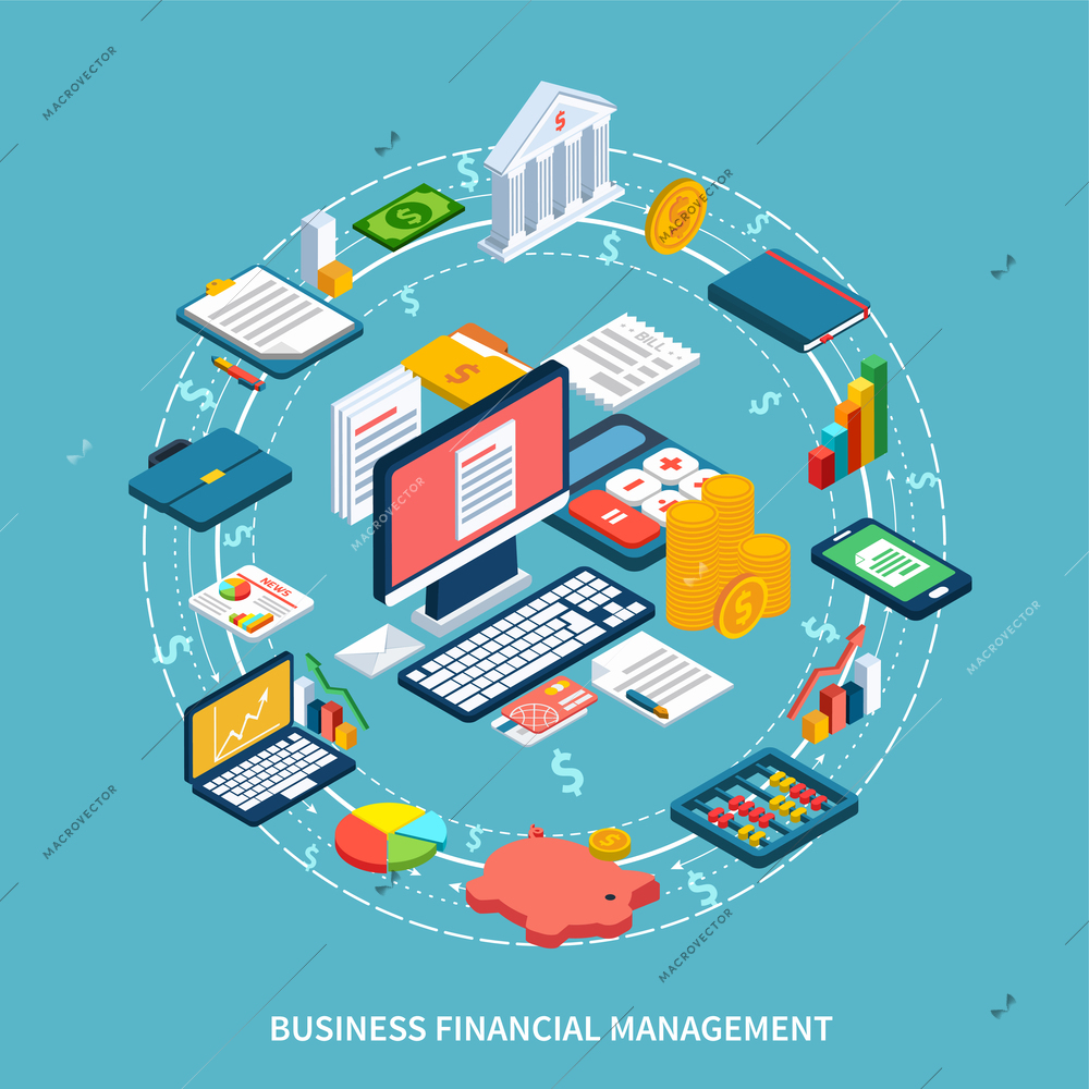 Accounting isometric round composition of dollar signs dashed lines and icons with financial graphs and electronics vector illustration