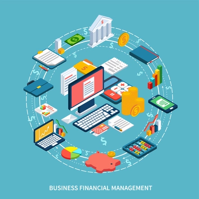 Accounting isometric round composition of dollar signs dashed lines and icons with financial graphs and electronics vector illustration