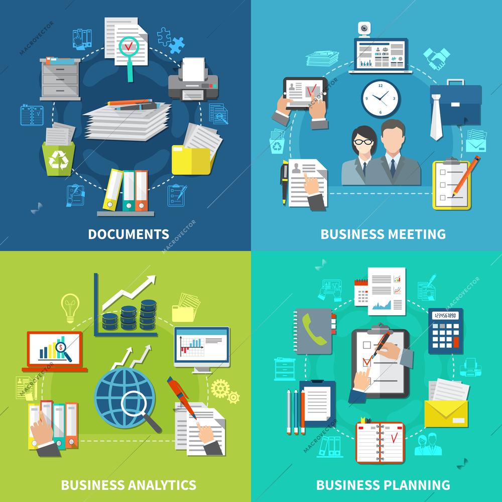 Four squares business items composition set with documents business meetings analytics and planning descriptions vector illustration