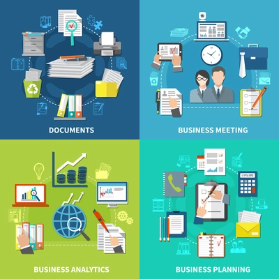 Four squares business items composition set with documents business meetings analytics and planning descriptions vector illustration