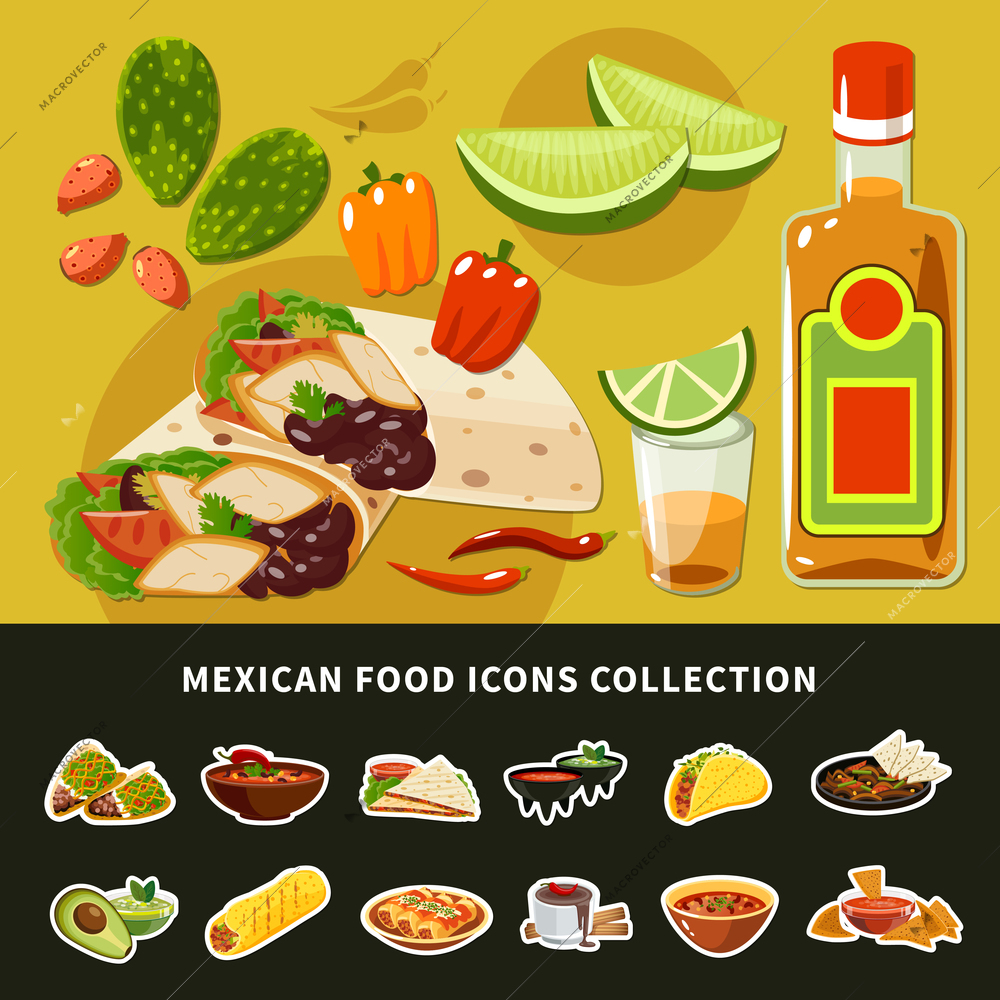 Mexican food icons collection including bean soup with chili, guacamole, dishes with nopal, tequila isolated vector illustration