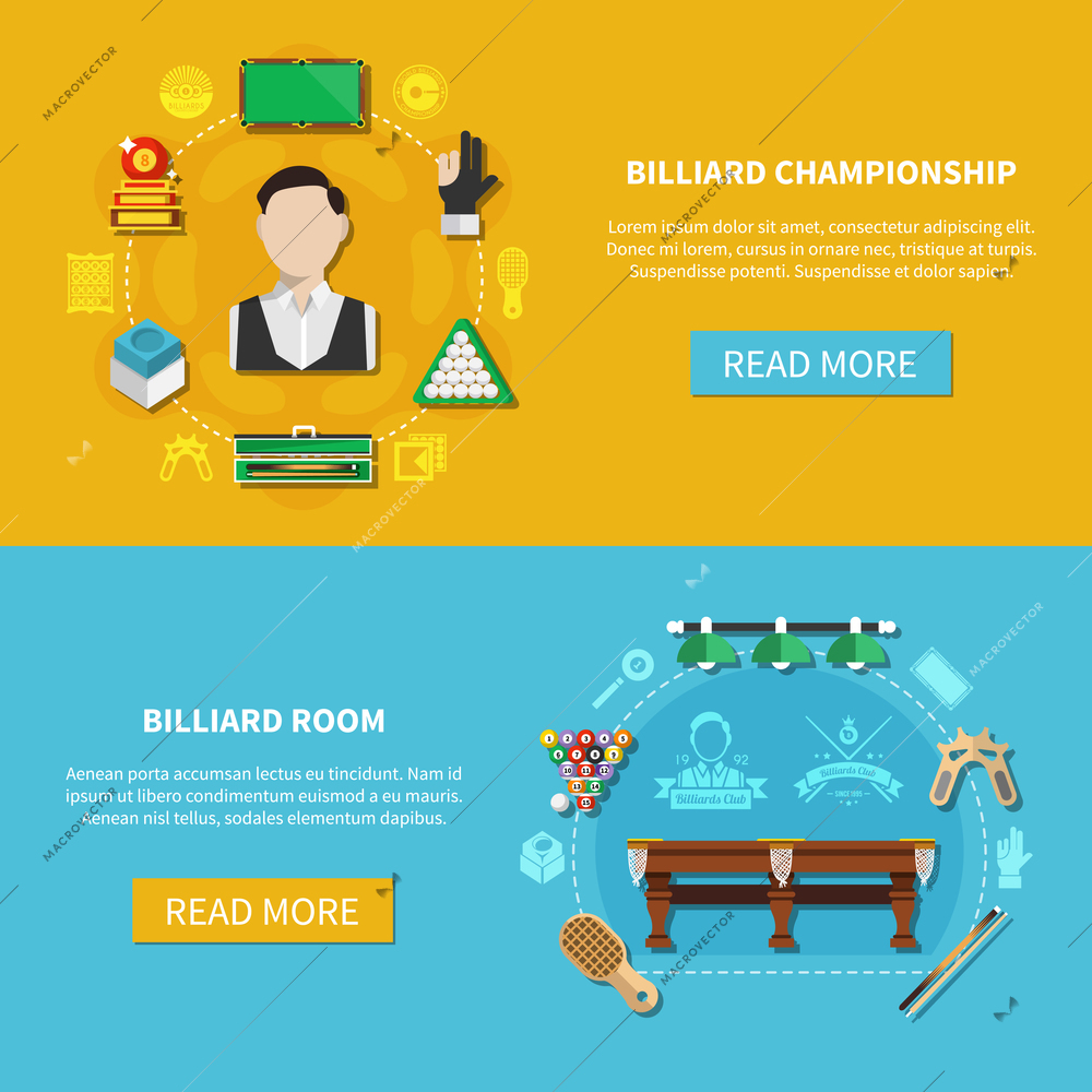 Horizontal banners with billiard championship, game room with equipment isolated on blue and yellow background vector illustration