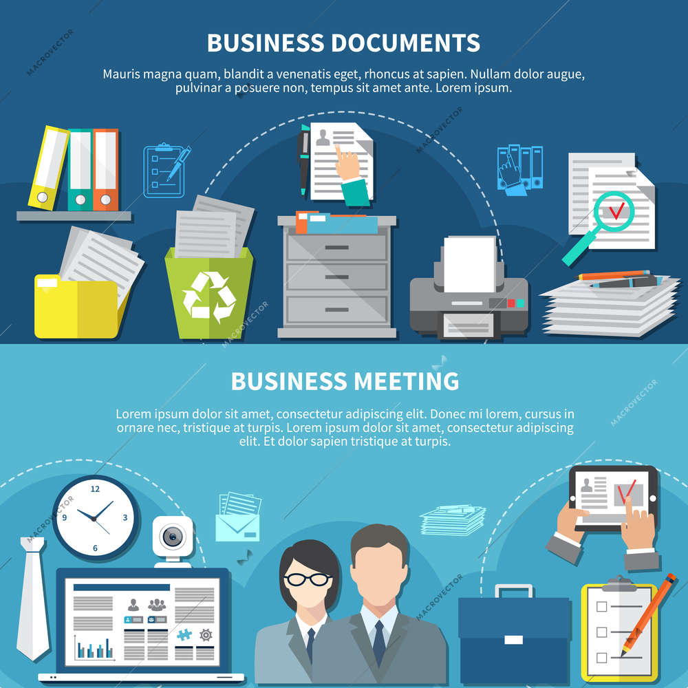 Two horizontal business items flyer or banner set with flat elements and documents and meetings headlines vector illustration