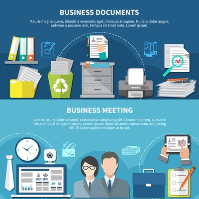 Two horizontal business items flyer or banner set with flat elements and documents and meetings headlines vector illustration