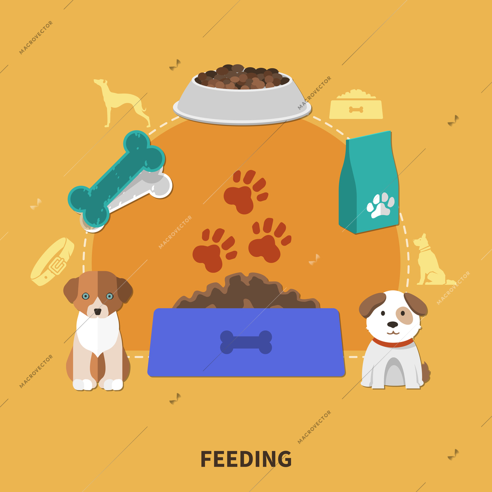 Dogs composition with two small puppy characters images of bowlful and pet food packages with silhouettes vector illustration