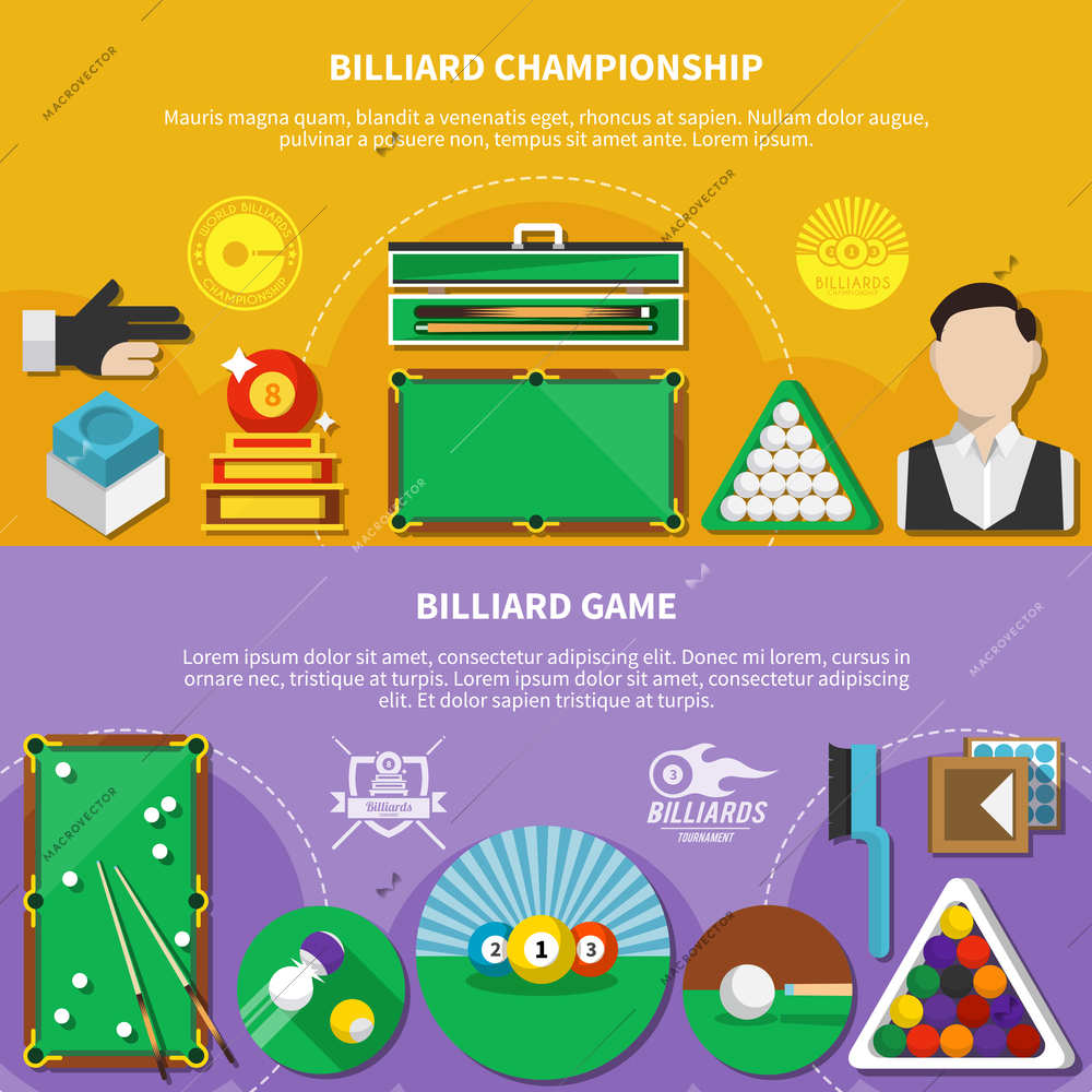 Flat horizontal banners with billiard game, championship, sport emblems on yellow and lilac background isolated vector illustration