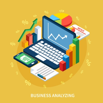 Accounting isometric composition with images of laptop smartphone and colourful circular and rectangular graphs and percentage symbols vector illustration