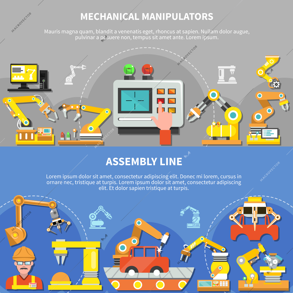 Two horizontal robotic arm composition set with mechanical manipulators and assembly line descriptions vector illustration