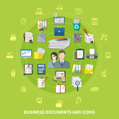 Business items and icon set with isolated icons combined in round composition vector illustration