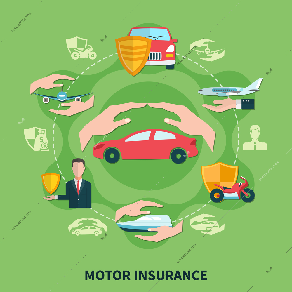 Transport insurance round composition on green background with agent, car, motorbike, airplane and boat vector illustration