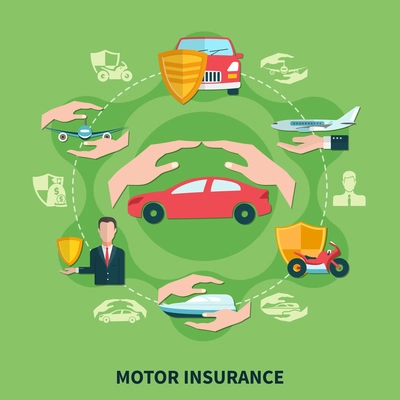 Transport insurance round composition on green background with agent, car, motorbike, airplane and boat vector illustration