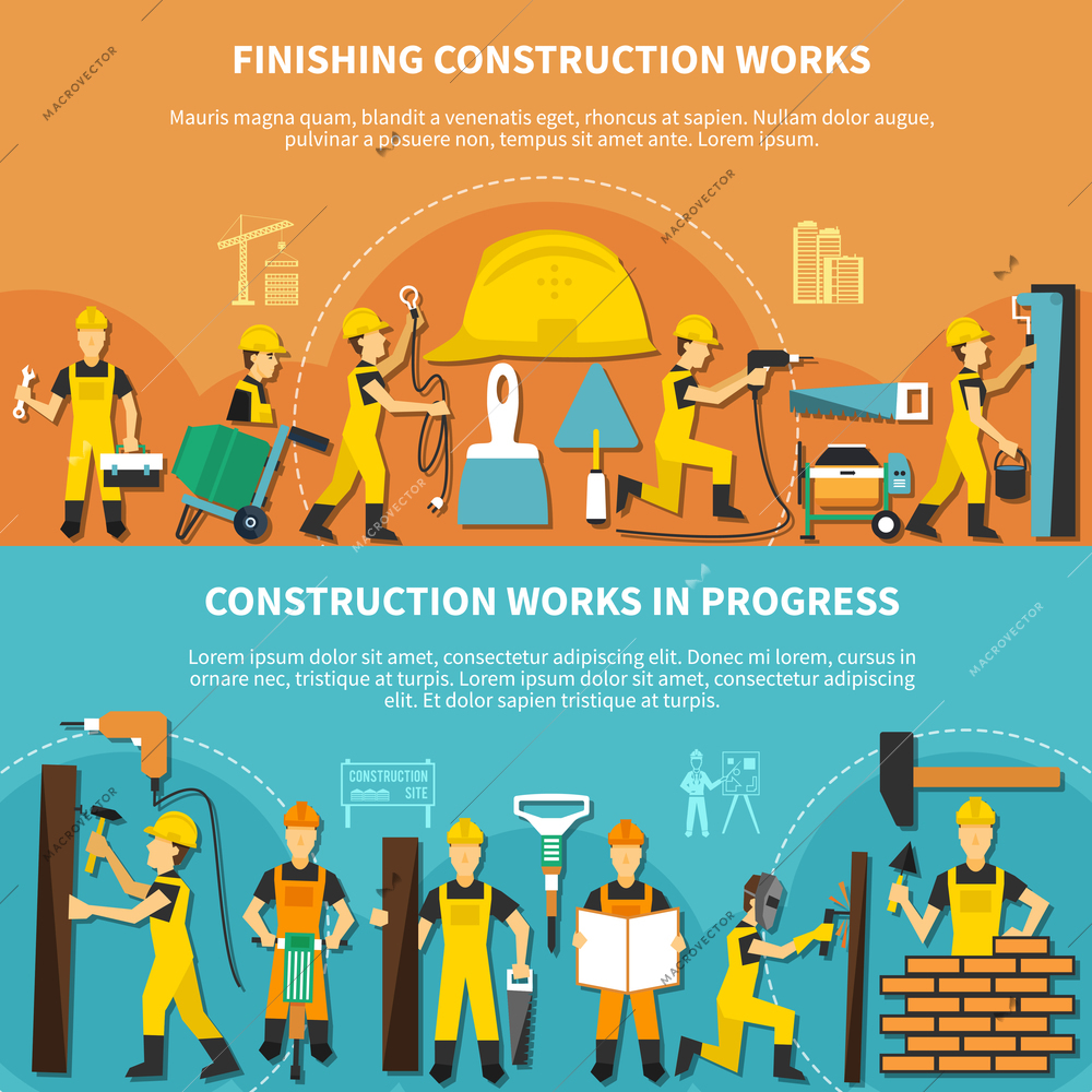 Construction worker flyer set with workers on work and finishing construction works and works in progress descriptions vector illustration