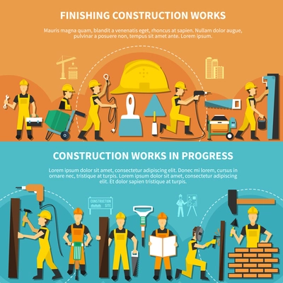 Construction worker flyer set with workers on work and finishing construction works and works in progress descriptions vector illustration