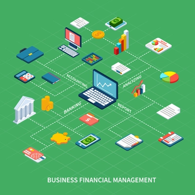 Accounting isometric flowchart with isolated icons of icons with computer files money coins and diagram images vector illustration