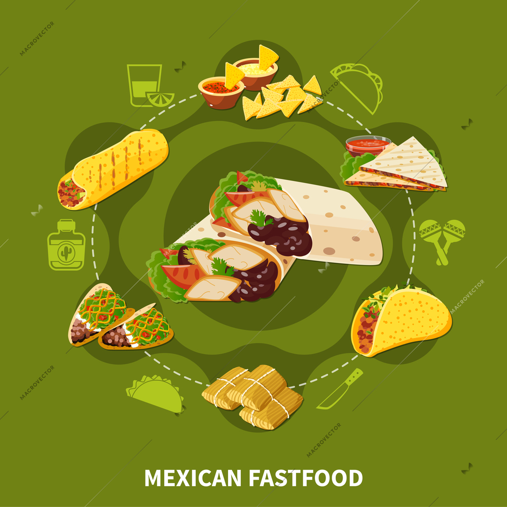 Mexican fastfood round composition on green background with traditional sandwiches with tortilla, beans, vegetables, spices vector illustration