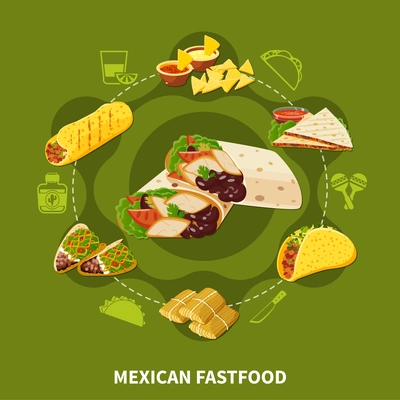 Mexican fastfood round composition on green background with traditional sandwiches with tortilla, beans, vegetables, spices vector illustration