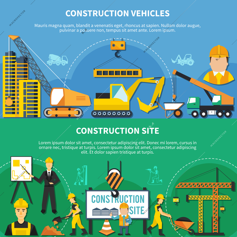 Two flat and colored construction worker banner set with construction vehicles and site descriptions vector illustration