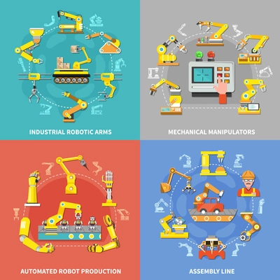 Four squares robotic arm concept with mechanic manipulators automated robot production and assembly line descriptions vector illustration